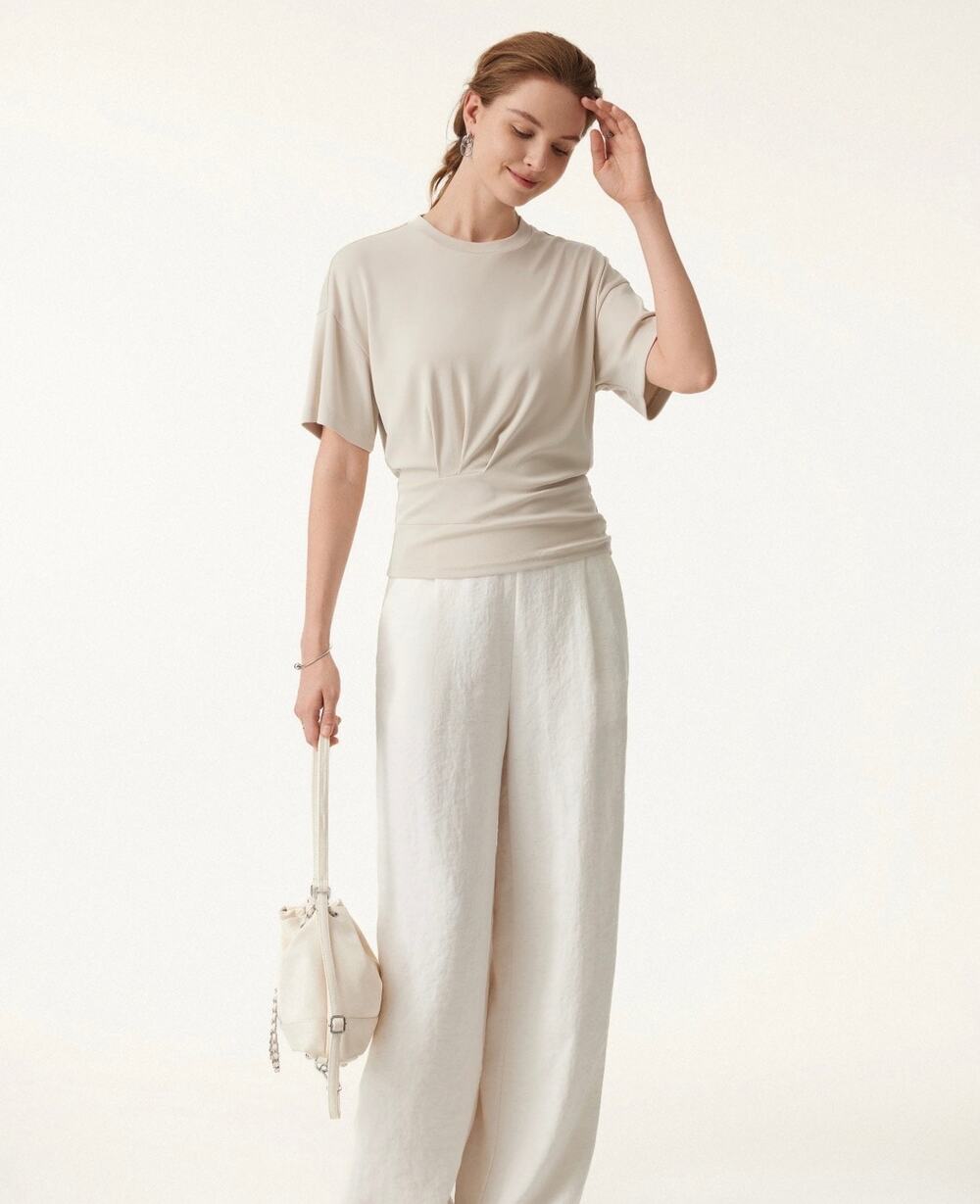 OGL Move NEW Ivory Crewneck Tucked Waist Tee Minimalist Top | Large